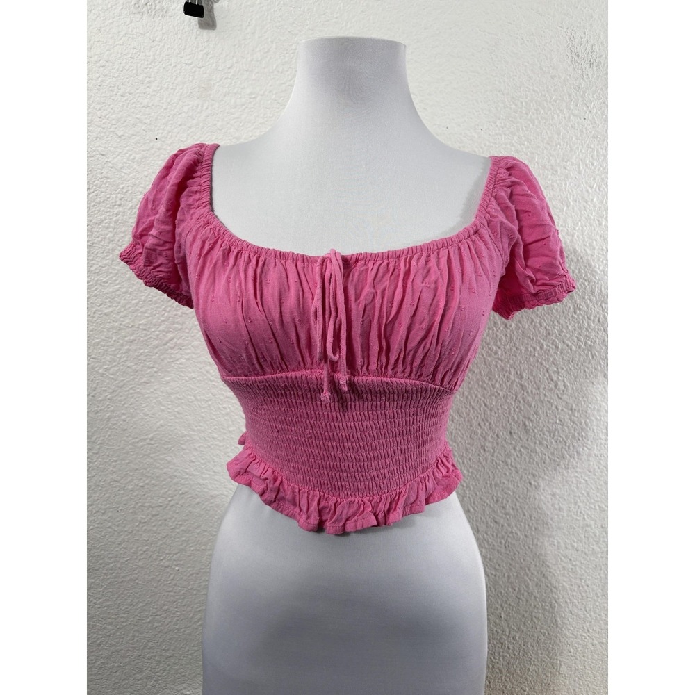 Hollister Blouse Size XS Pink Smocked Milkmaid Crop‎ Ruffle Short Sleeve Top